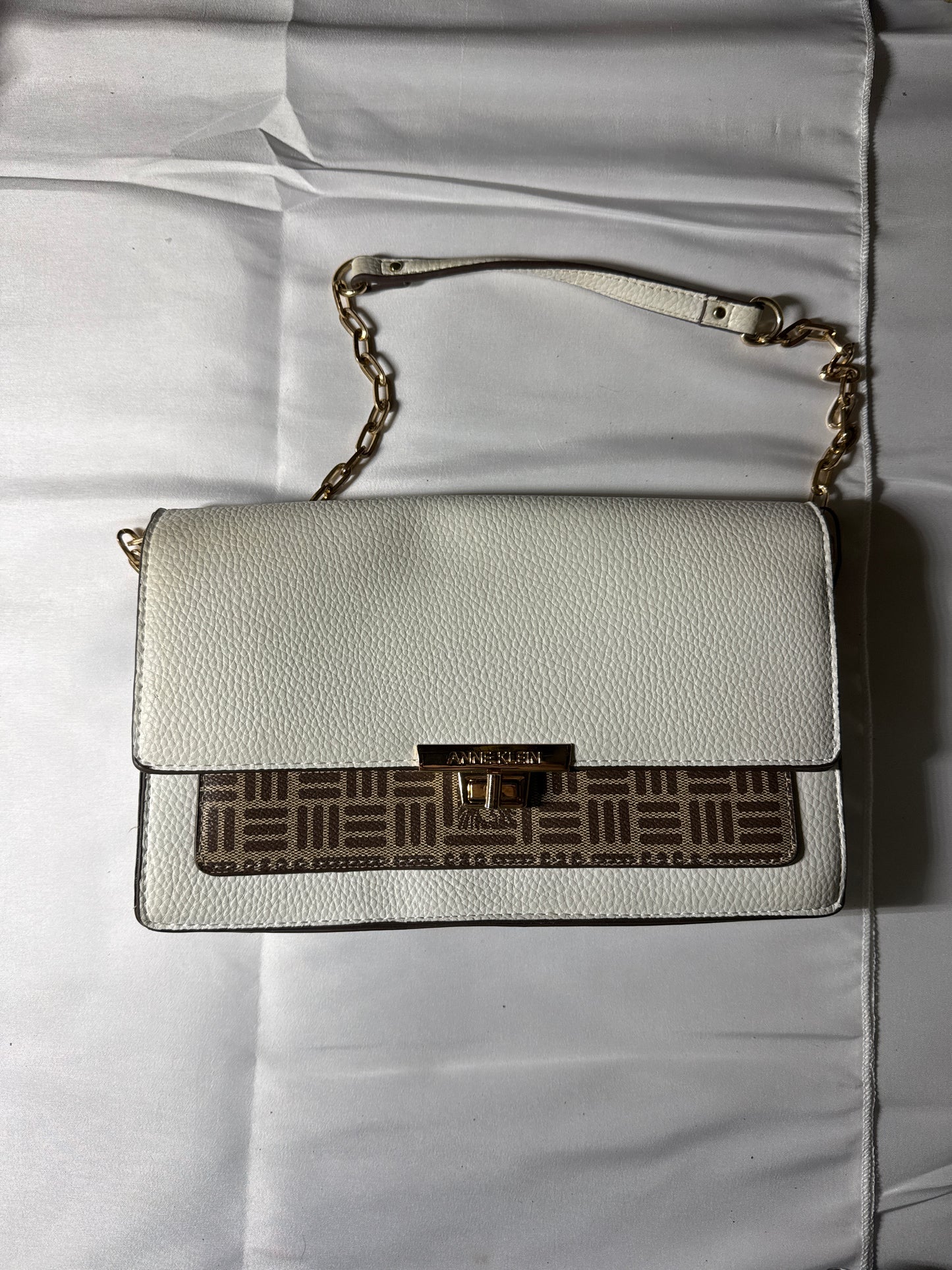 Anne Klein White Pebbled Leather Crossbody with Monogram Flap & Chain Strap