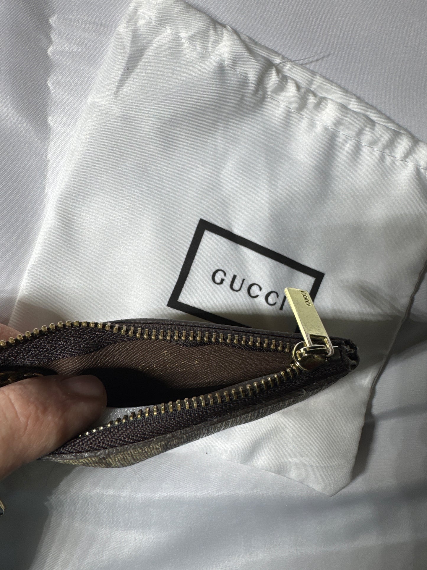 Authentic Gucci GG Supreme Monogram Key Pouch with Gold Hardware