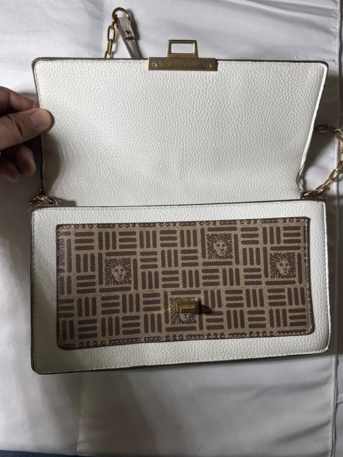 Anne Klein White Pebbled Leather Crossbody with Monogram Flap & Chain Strap