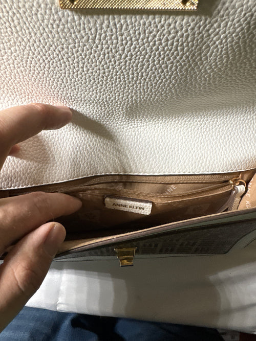 Anne Klein White Pebbled Leather Crossbody with Monogram Flap & Chain Strap