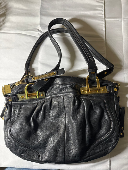 B. Makowsky Black Leather Shoulder Bag with Gold Hardware & Animal Print Lining
