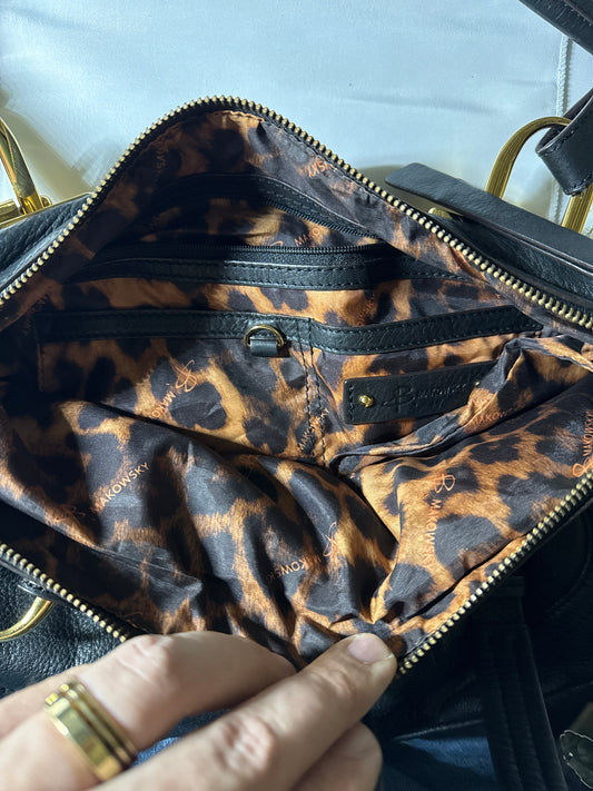 B. Makowsky Black Leather Shoulder Bag with Gold Hardware & Animal Print Lining