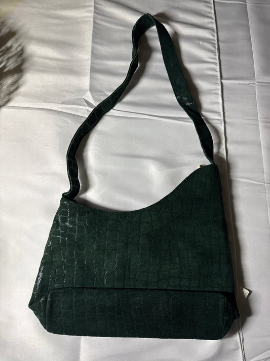 Adrienne Croc-Embossed Emerald Suede Shoulder Bag – Made in Spain
