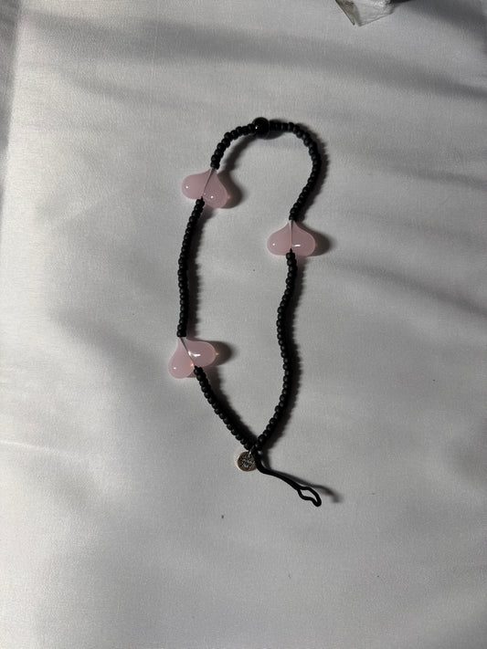 Black Beaded Bracelet with Pink Heart Charms